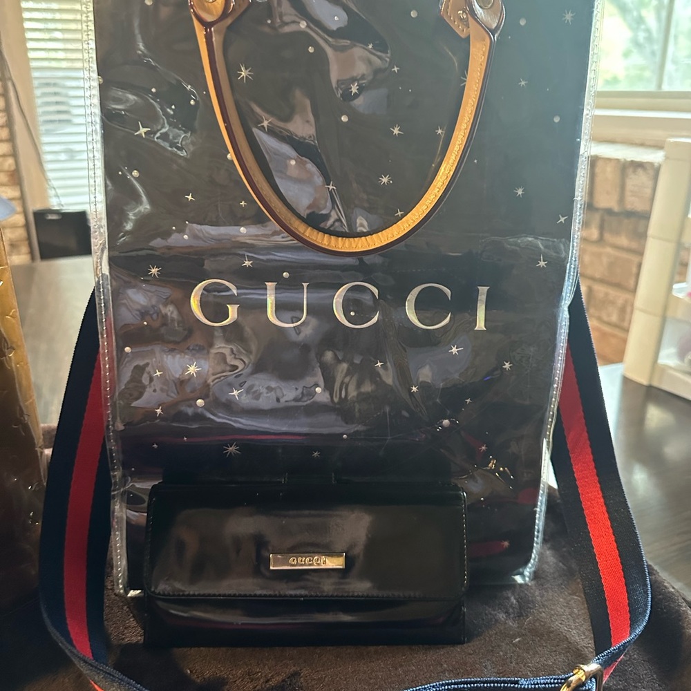 Gucci Black and Gold Shoulder Bag with Red and Blue Strap and wallet included